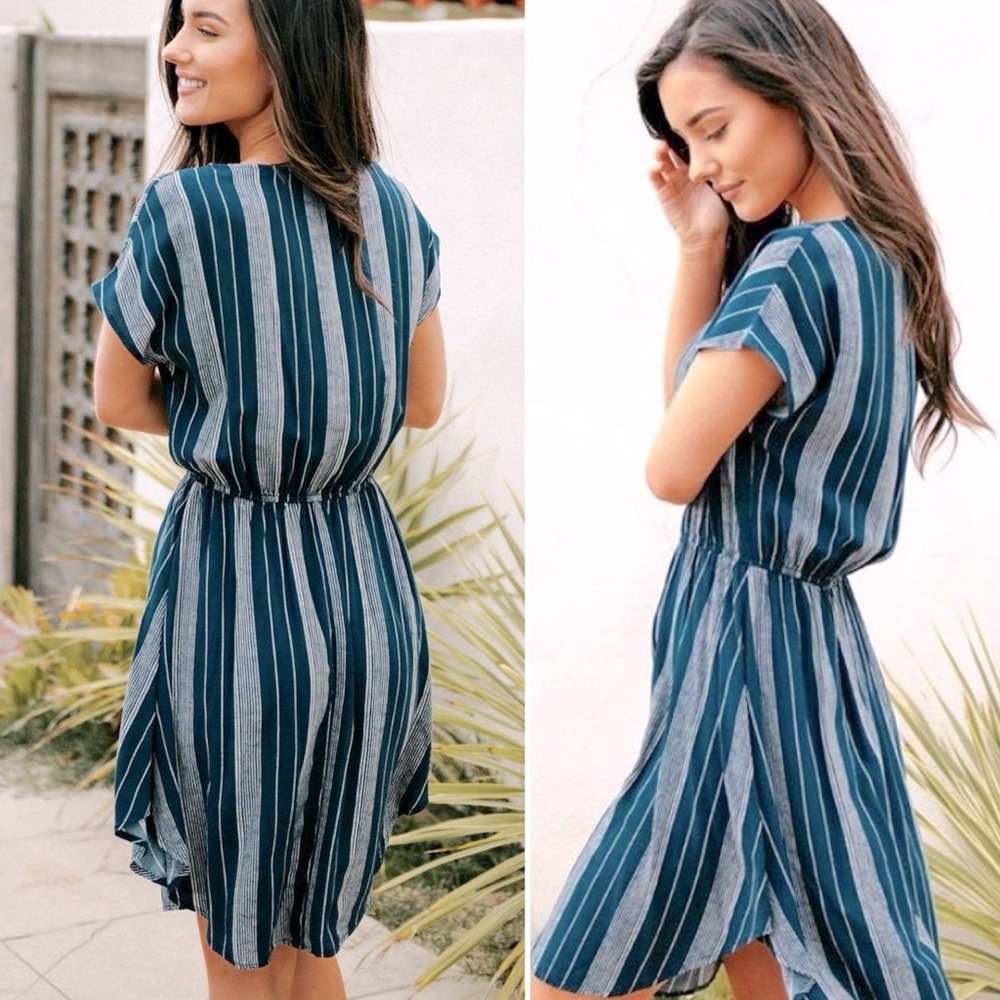 Blue Striped Mini Dress with Gathered Waist
